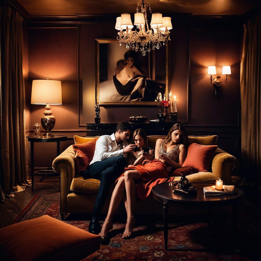 A sultry, intimate setting featuring a cozy, dimly lit room adorned with luxurious fabrics and plush cushions. An artistic composition of a camera recording a playful couple engaging in sensual activities, emphasizing the passion and connection between them. Incorporate subtle hints of vibrant colors to evoke emotion and draw the viewer into the scene. Elegant lighting highlighting the textures and expressions of the subjects. super-realistic. warm tones. intimate atmosphere.