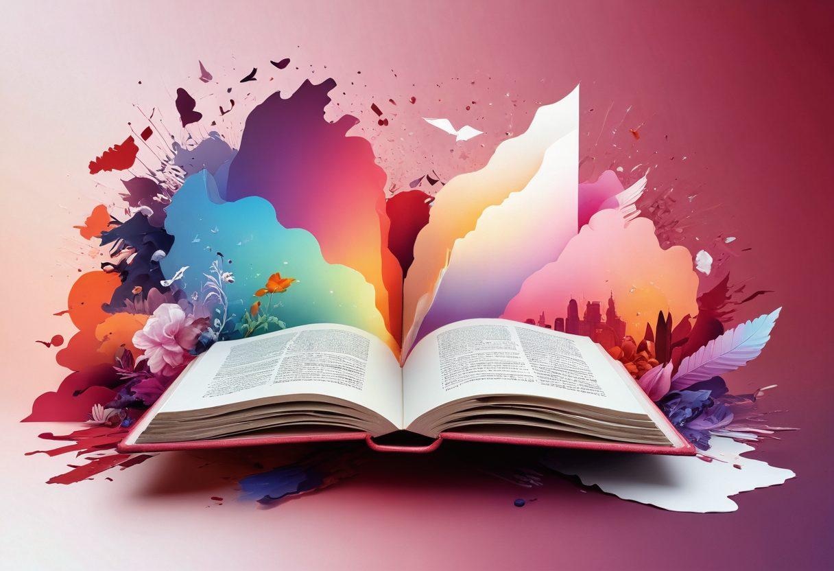 A visually striking gradient spectrum transitioning from deep reds and sultry shadows on the left, symbolizing naughty themes, to soft pastels and serene hues on the right, representing nice content. In the center, an open book with playful and intriguing illustrations spilling out, encouraging exploration. Include subtle hints of digital elements like pixels or binary code to denote the online nature of the content. Artistic style: surreal, vibrant colors, clean white background.