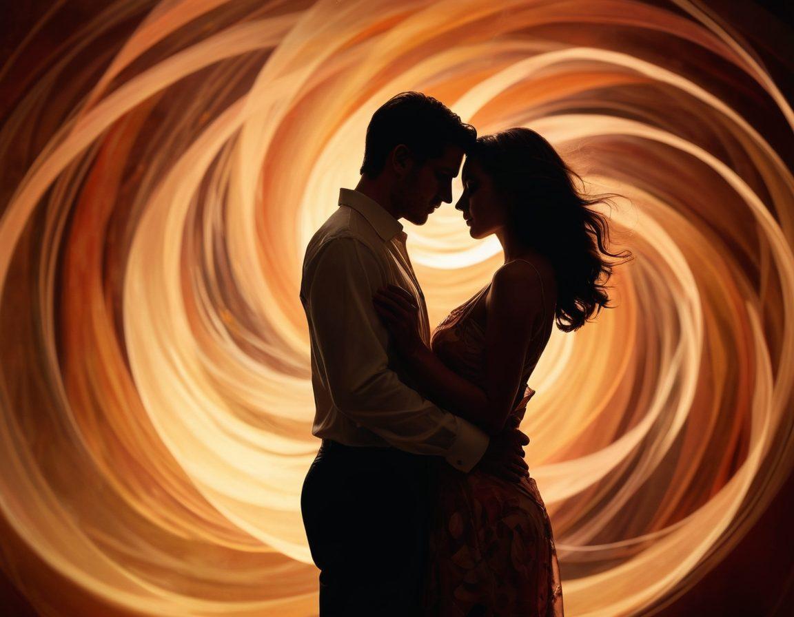 A seductive silhouette of a couple entwined, with soft, swirling lines representing passion and intimacy. In the background, an abstract montage of film reels and clips, softly blurred to maintain focus on the couple, with warm, inviting colors. The title artistically integrated into the scene, flowing with the shapes around. Cinematic lighting enhances the mood, while elegant patterns evoke a sense of sensuality. super-realistic. vibrant colors. soft focus.